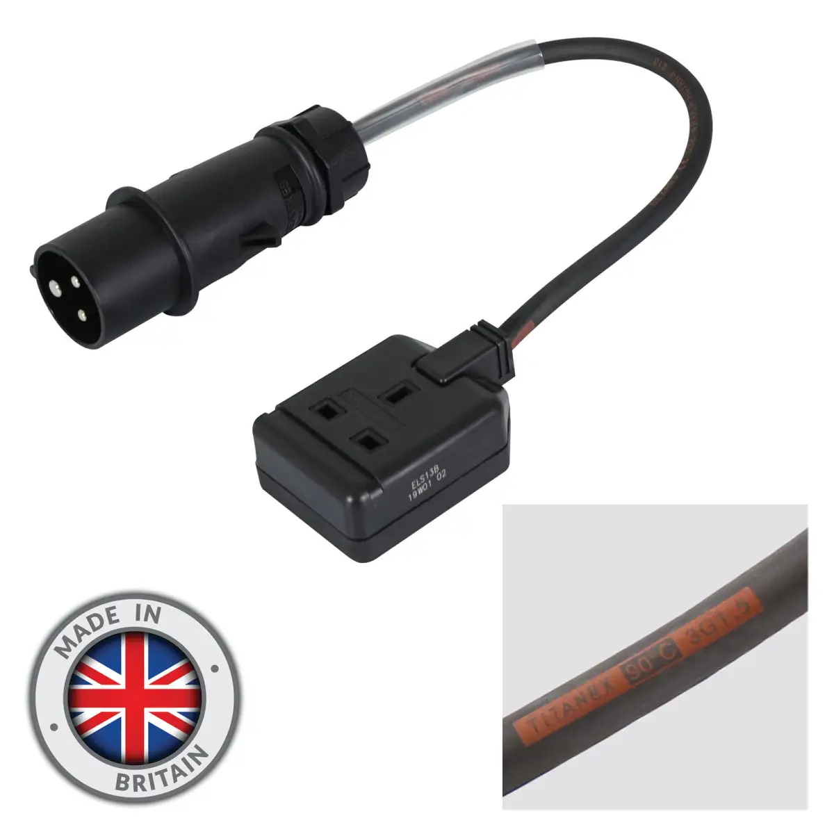 0.35m Mennekes Black 16A Plug to 13A Socket Cable - CABL368M