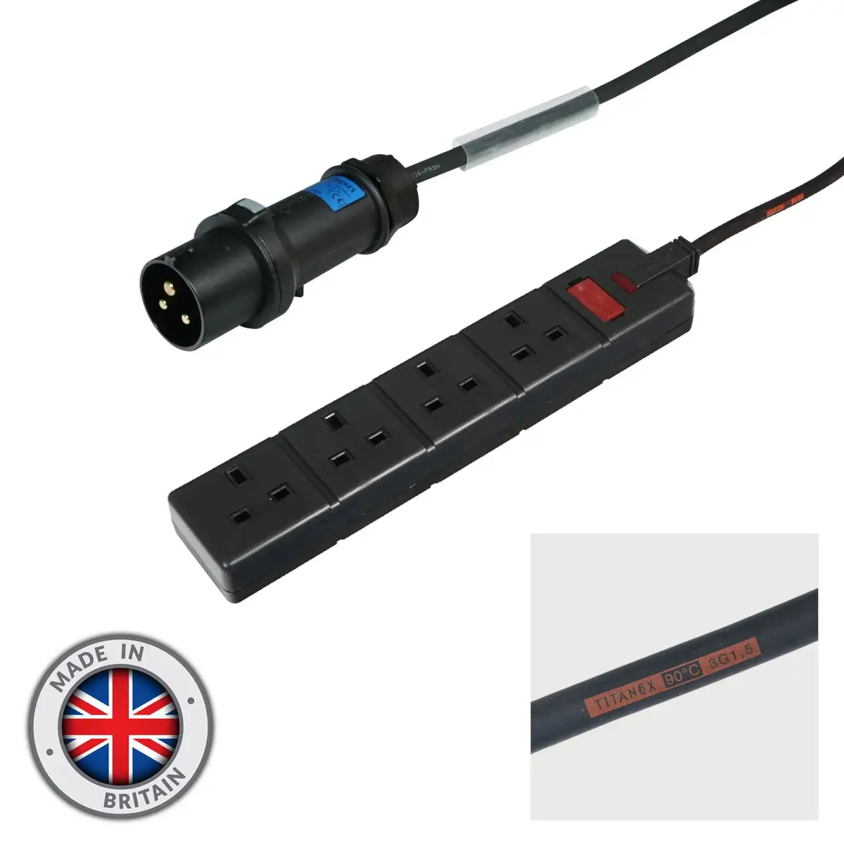 0.35m Mennekes Black 16A Plug to 4 Gang 13A Socket Cable - CABL369M