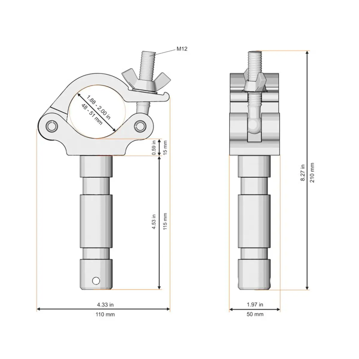 50mm Half Coupler with 28mm Spigot Stage Black (Big Ben) (822-B) - GL3009B