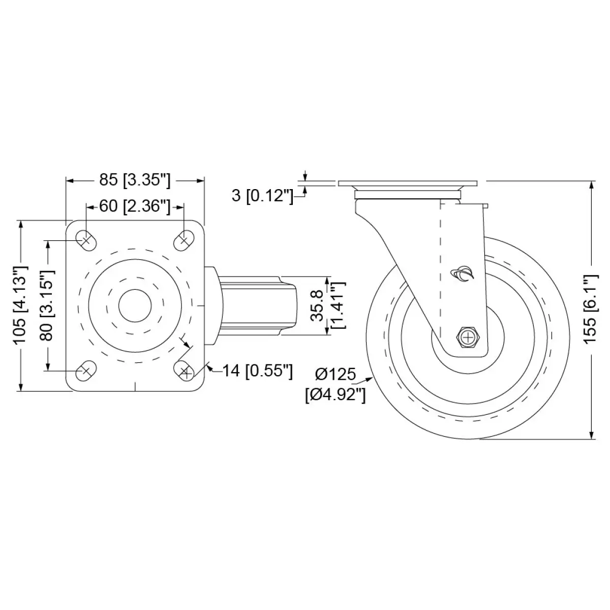 125mm Swivel Braked Castor (W8992/B) - PENN133