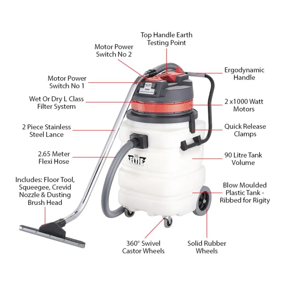 Elite 110 Volt 90 Litre Class L Wet and Dry Vacuum Cleaner RVK60110 - RVK60110