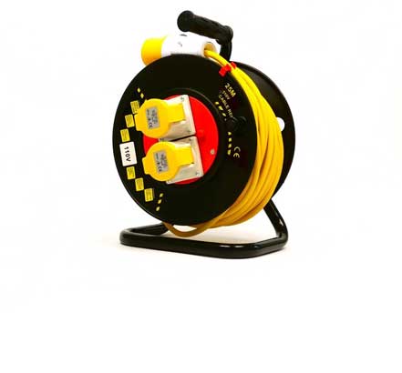 10V 25m Extension Reel - Twin Socket Heavy duty site strength cable drum dispenser