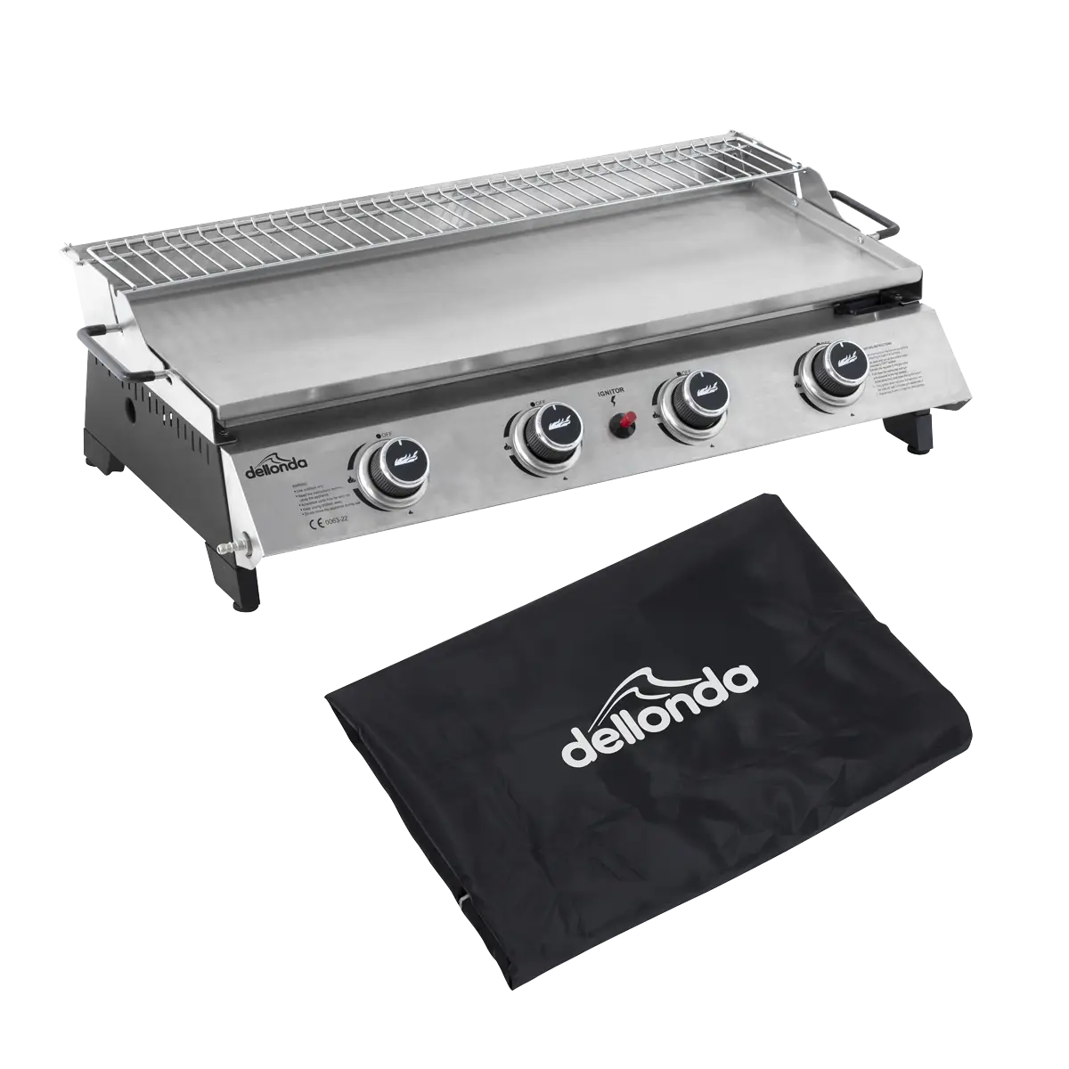 Dellonda 4 Burner Portable Gas Plancha with Warming Rack 10kW & Heavy Duty Cover