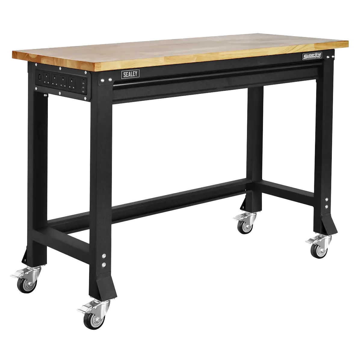 Superline PRO® Black Edition Heavy-Duty Steel Mobile Workbench with Wooden Worktop 1220mm