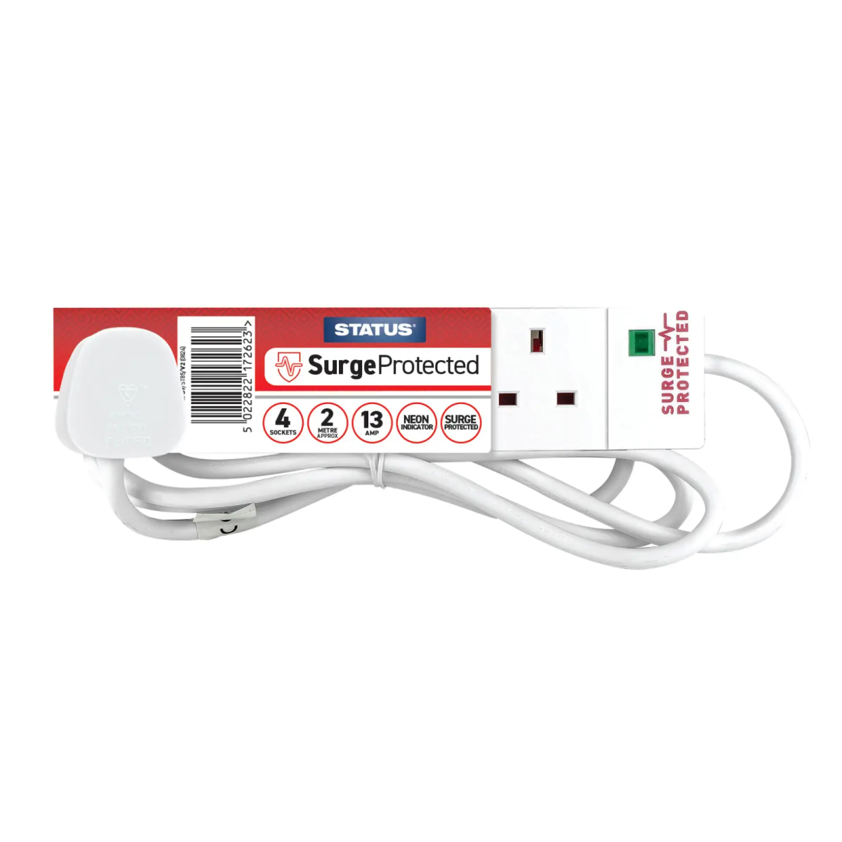 Surge Protected Extension Lead 240V 4-Gang 13A White 2m