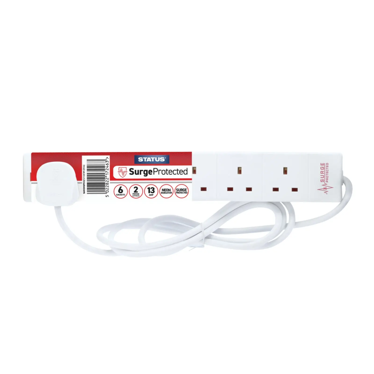 Surge Protected Extension Lead 240V 6-Gang 13A White 2m