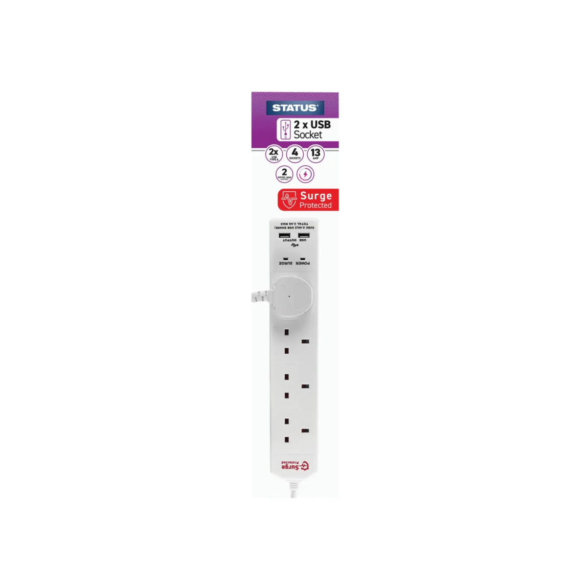 Extension Lead 240V 4-Gang + 2 USB 13A 2m White