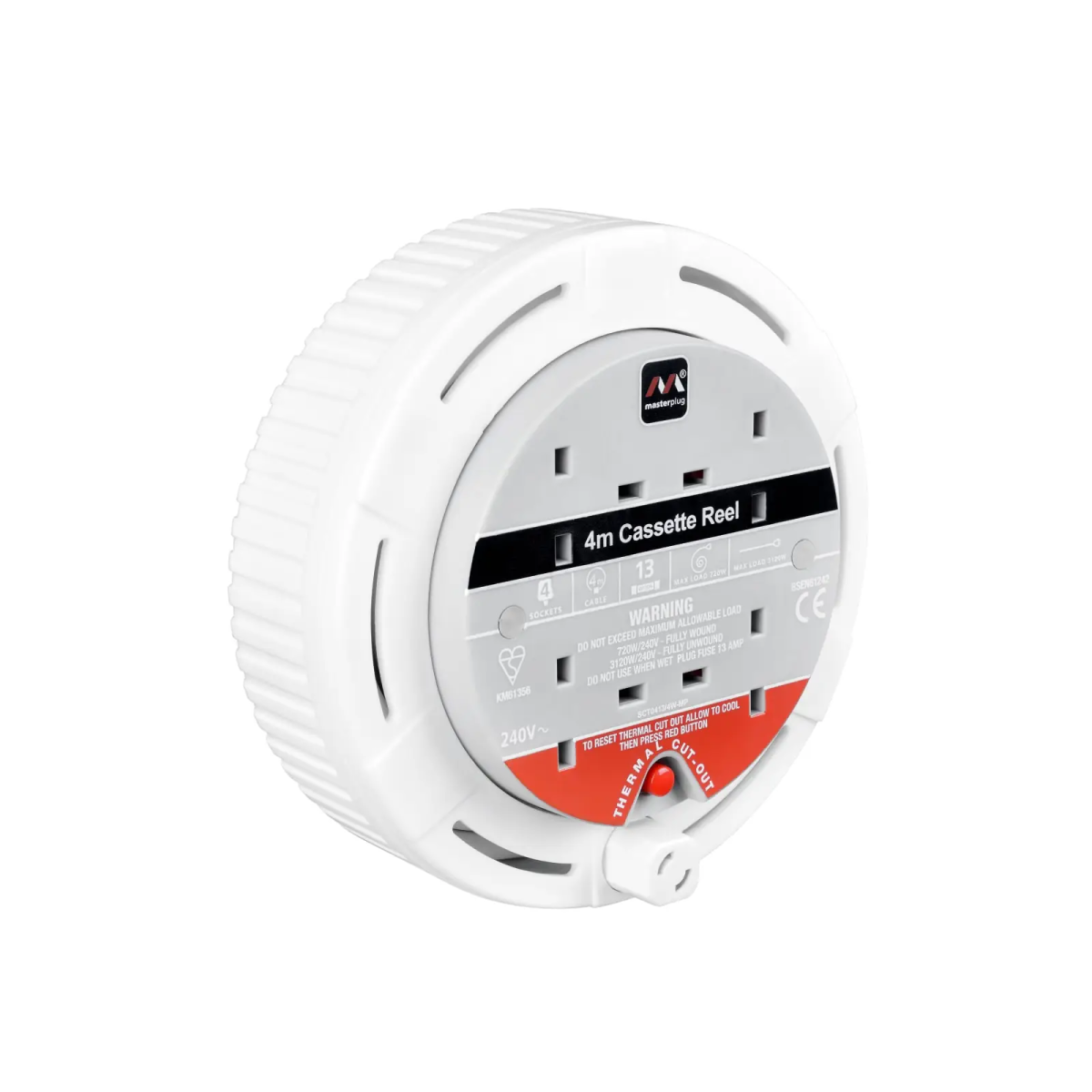 Cassette Cable Reel 240V 13A 4-Socket Thermal Cut-Out White 4m