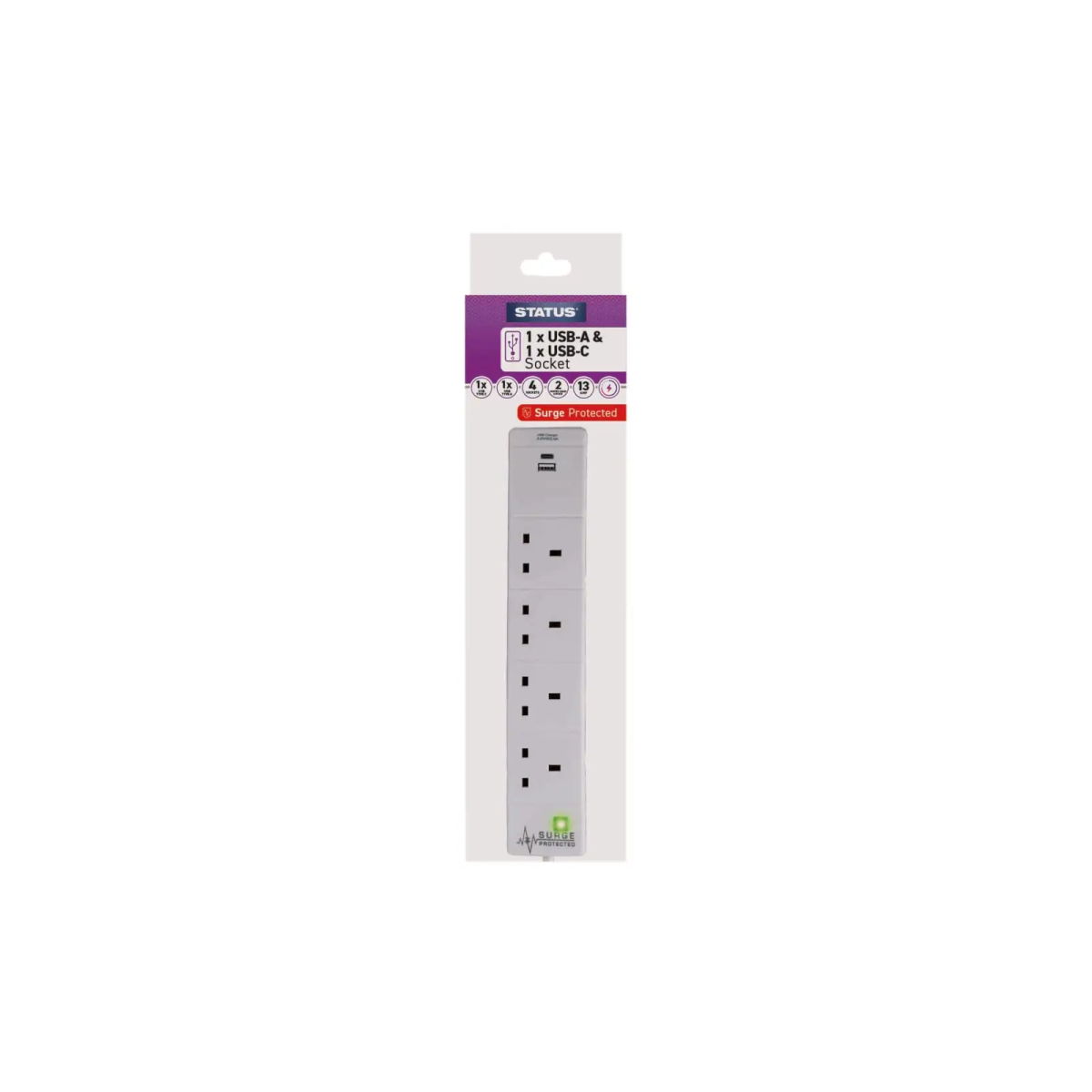 Extension Lead 4 Way + USB A and C + Surge Protection 2m S4W2MACUSB1PK6
