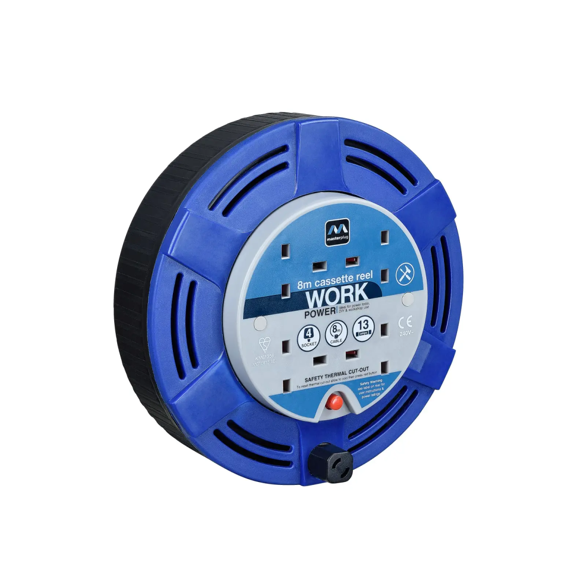 Cassette Cable Reel 240V 13A 4-Socket Thermal Cut-Out Blue 8m