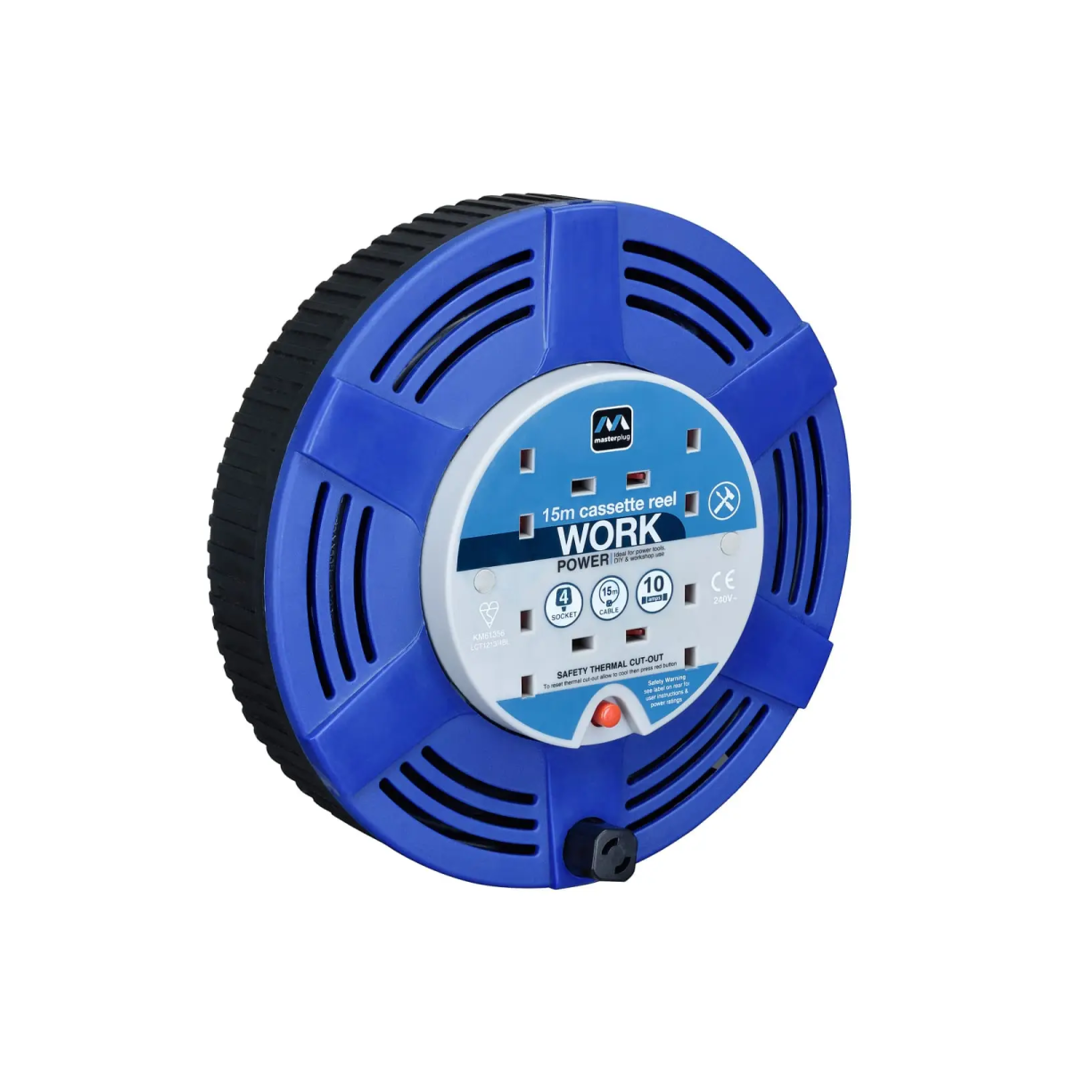 Cassette Cable Reel 240V 10A 4-Socket Thermal Cut-Out Blue 15m