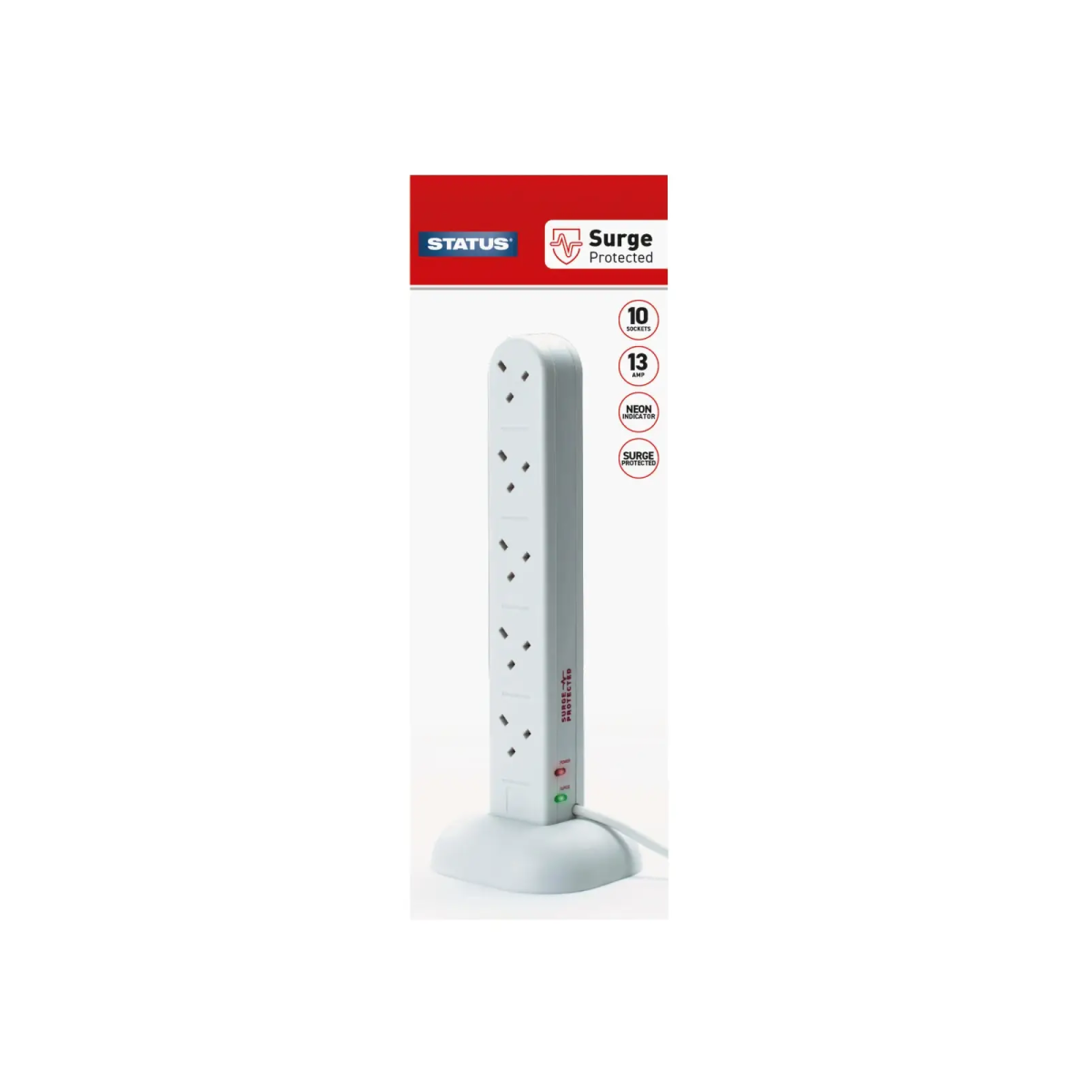 Surge Protected Tower Multi Plug Extension 240V 10-Gang 13A White 2m