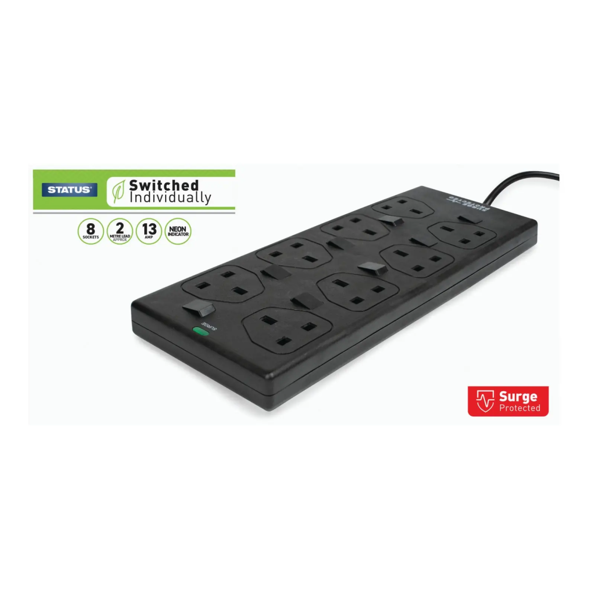 Individually Switched Extension Lead 240V 8-Gang 13A Black 2m