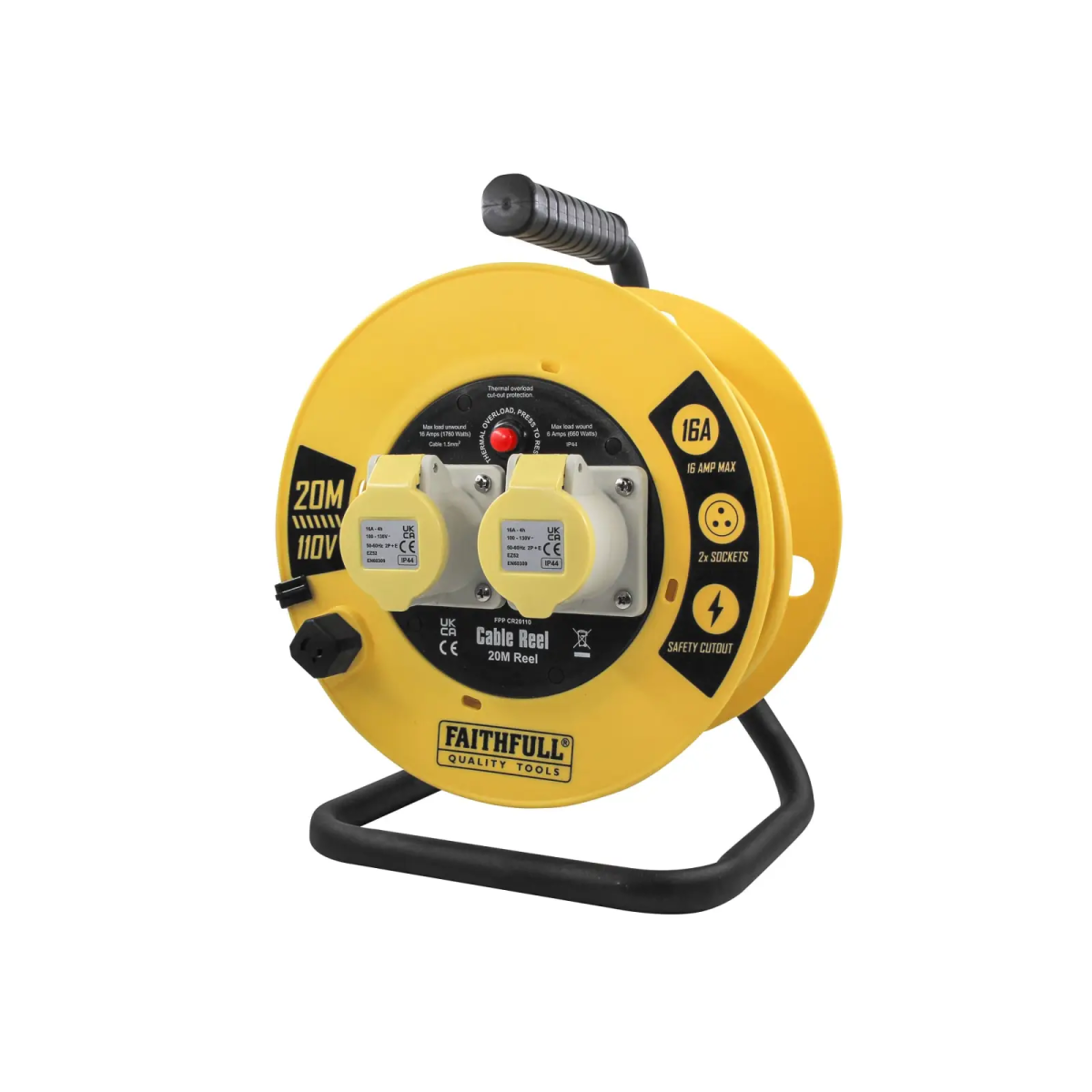 Open Cable Reel 110V 20m 16A 2 Socket (1.5mm Cable)