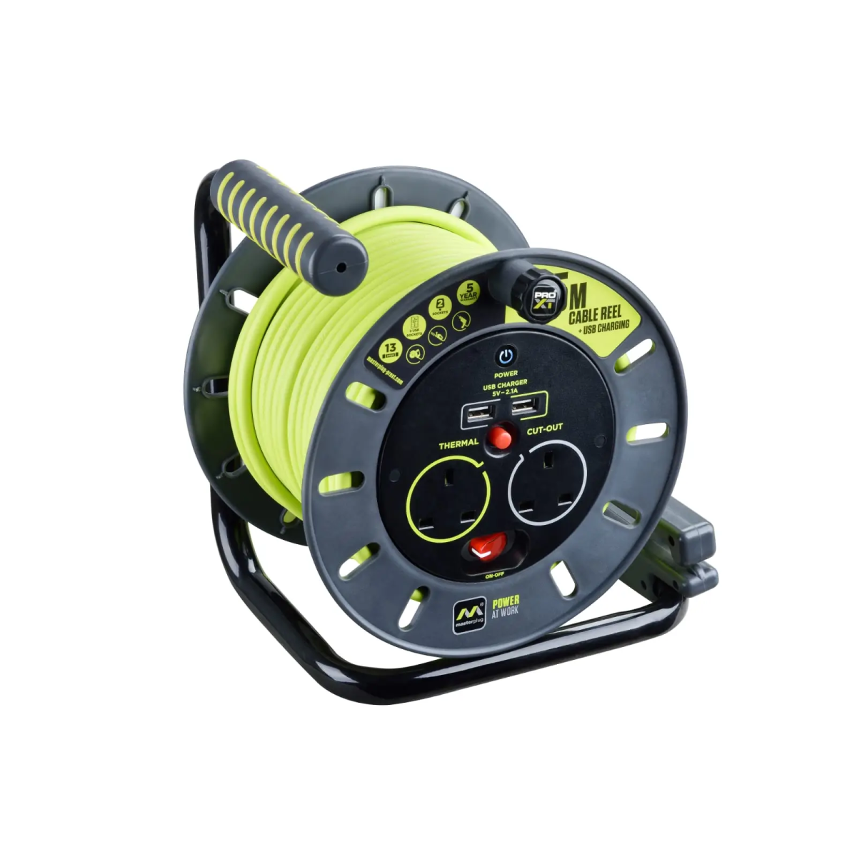 PRO-XT Open Cable Reel 240V 13A 2-Socket & 2 USB (2.1A Shared) 25m