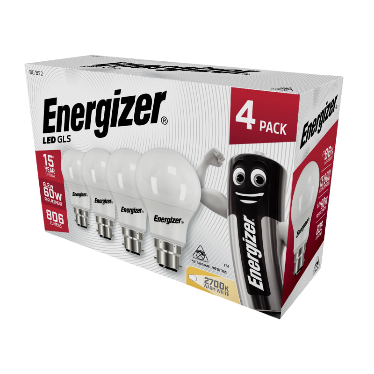 LED BC (B22) Opal GLS Non-Dimmable Bulb, Warm White 806 Im 8.2W (Pack 4)