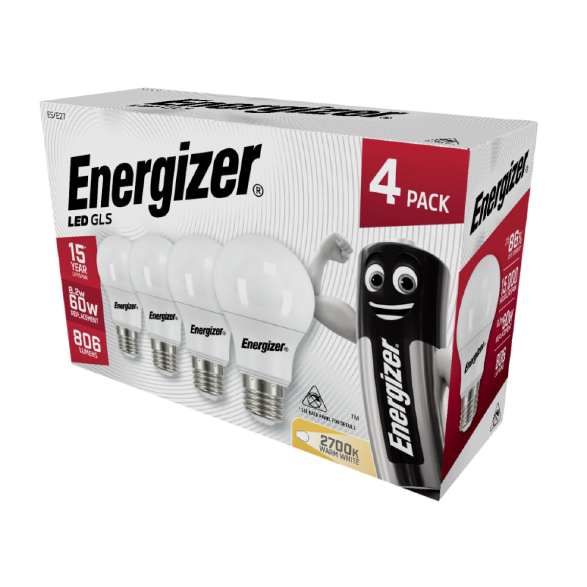 LED ES (E27) Opal GLS Non-Dimmable Bulb, Warm White 806 Im 8.2W (Pack 4)