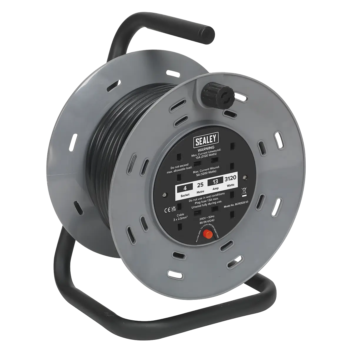 25m Cable Reel with Thermal Trip 4 x 230V