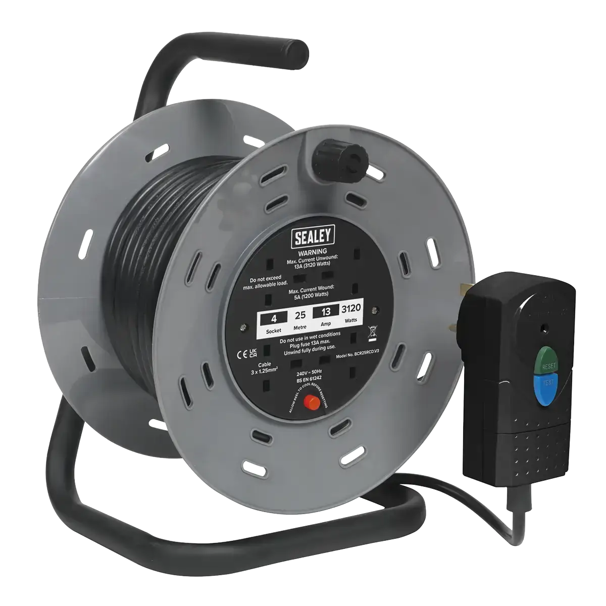 25m Cable Reel with Thermal Trip & RCD Plug 4 x 230V