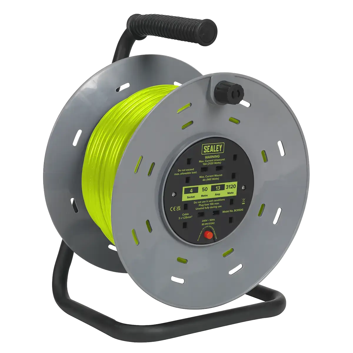 50m Cable Reel with Thermal Trip 4 x 230V - Hi-Vis Green