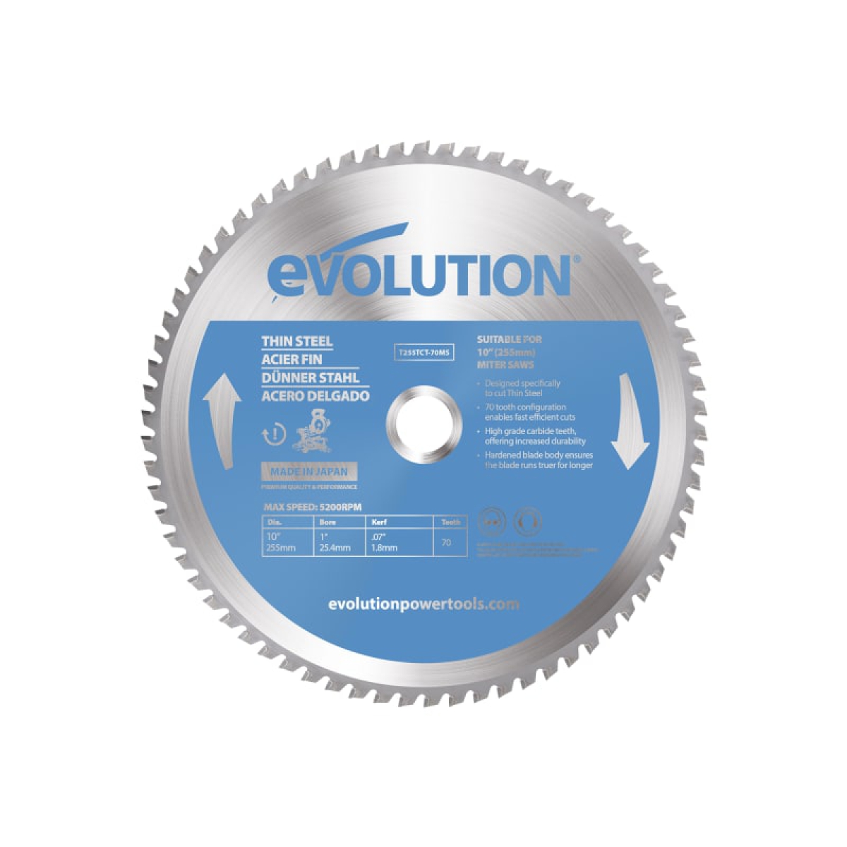 Thin Steel Cutting Mitre Saw Blade 255 x 25.4mm x 70T