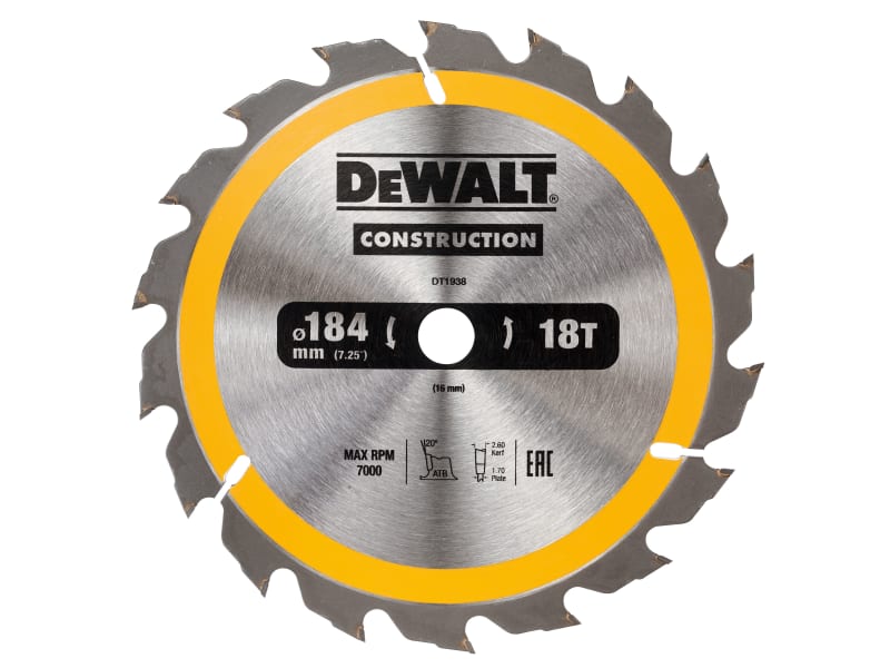 Portable Construction Circular Saw Blade 184 x 16mm x 18T | DEWDT1938QZ