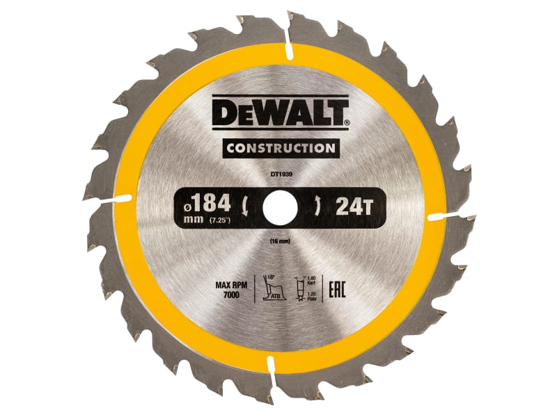 Portable Construction Circular Saw Blade 184 x 16mm x 24T | DEWDT1939QZ