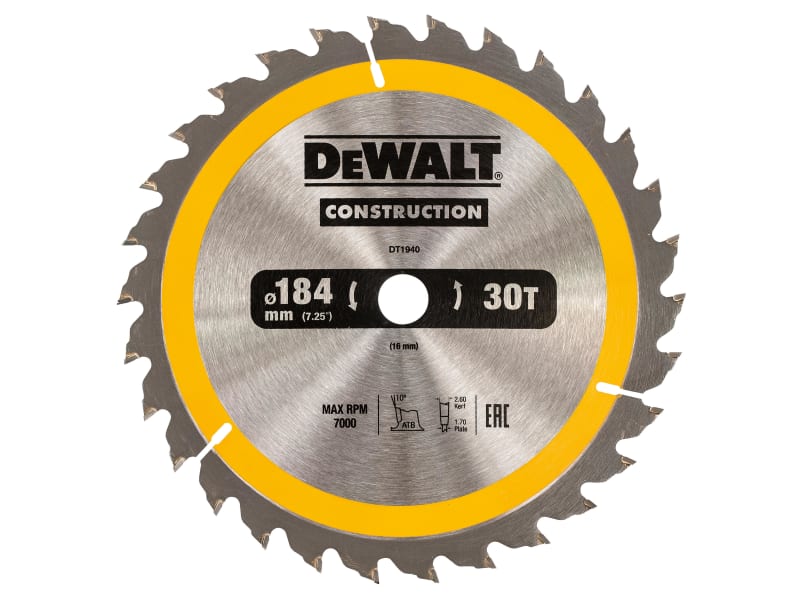 Portable Construction Circular Saw Blade 184 x 16mm x 30T | DEWDT1940QZ